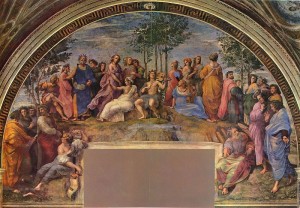 Raffaello Sanzio: Il Parnaso, Stanza della Segnatura, Vaticano, cm. 670.